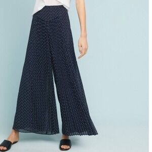 Feather Bone By Anthropologie Navy Blue Polka Dot Pleated Wide Leg Pants Size 4